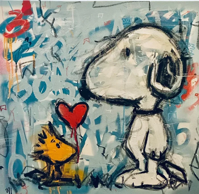 Here, Love, acrylics and spray on canvas, 50 × 50 cm