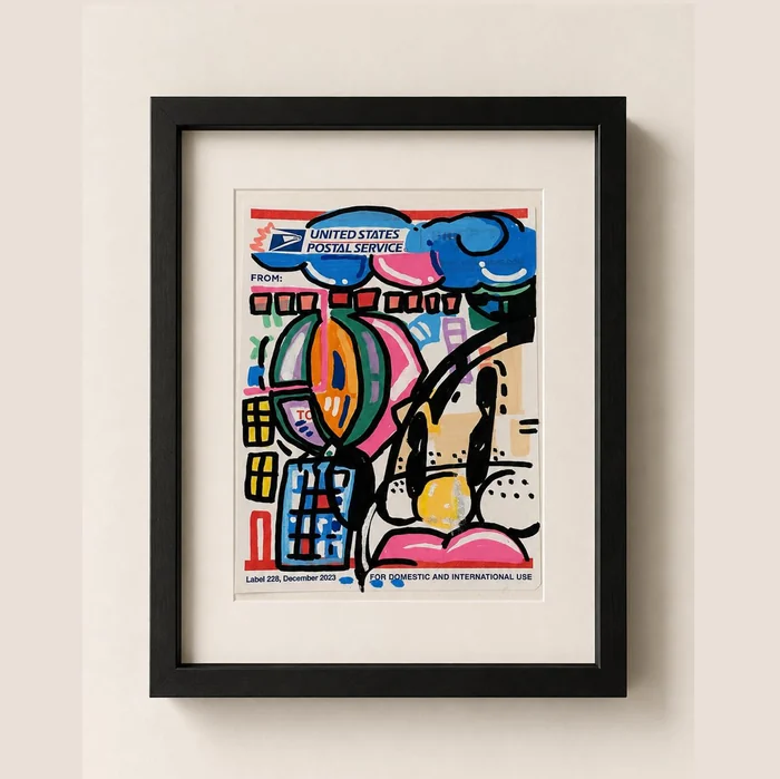 Out in the Beach Rat, acrylic markers on usps label 228 sticker, Framed