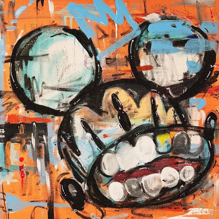 Smiling Ratsquiat, Blue Crown, acrylics and spray on canvas, 50 × 50 cm