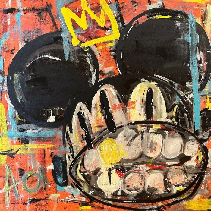 Smiling Ratsquiat, Yellow Crown, acrylics and spray on canvas, 50 × 50 cm