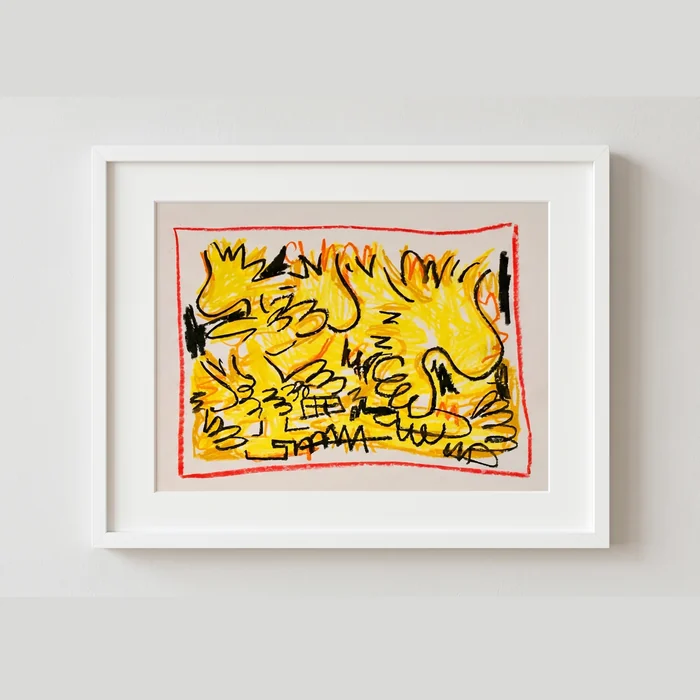 Woodstock’s on Fire, oil pastel on high quality cotton paper, Framed 45 × 40 cm